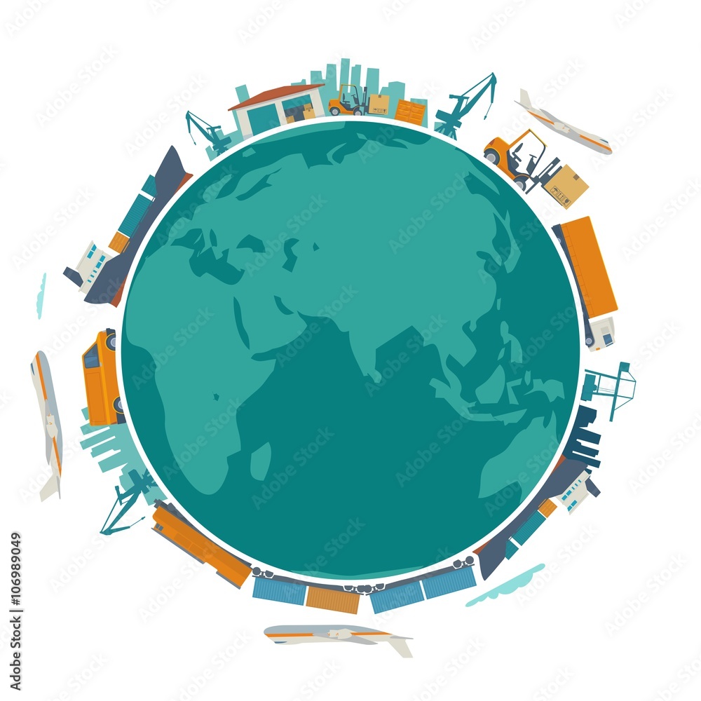 Global logistic, shipping and worldwide delivery business concept - production process from factory to the shop.  Earth planet globe surrounded plane, train, ship, warehouse. Flat vector illustration.