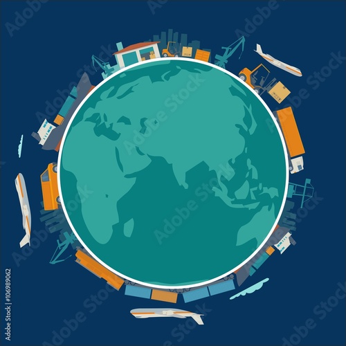 Global logistic, shipping and worldwide delivery business concept - production process from factory to the shop.  Earth planet globe surrounded plane, train, ship, warehouse. Flat vector illustration.