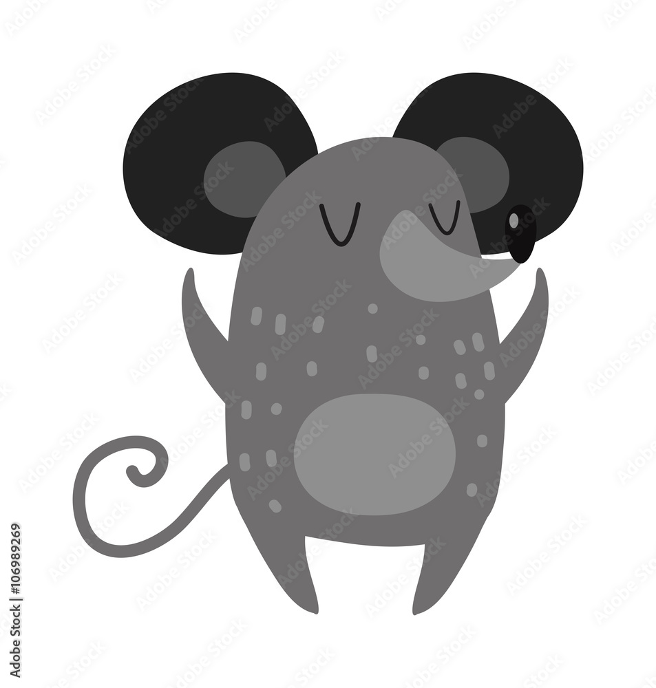 Fototapeta premium Cartoon smiling gray hand drawn mouse arms outstretched cute rat vector.
