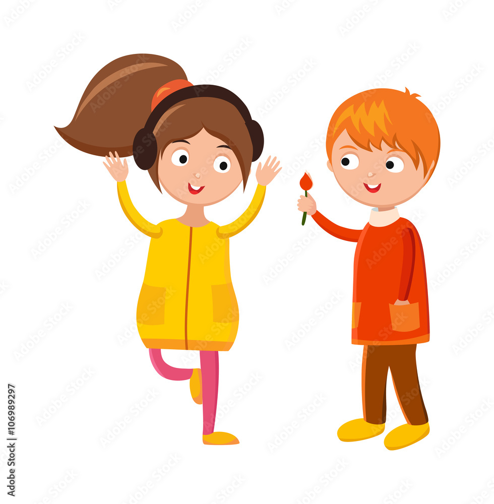 Little boy flower and girl headphones cute children waving hand cartoon character vector. Little boy flower and girl headphones cute children waving hand cartoon character vector.