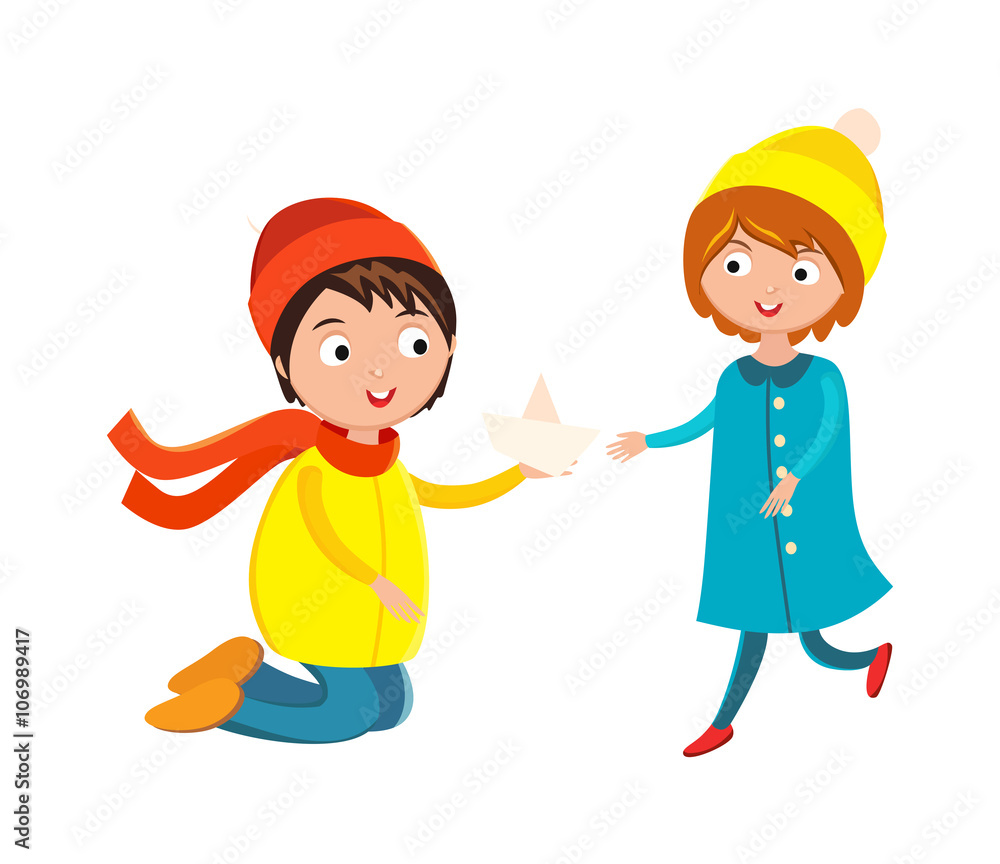 Little boy flower and girl cute children waving hand cartoon character vector. Little boy flower and girl cute children waving hand cartoon character vector.