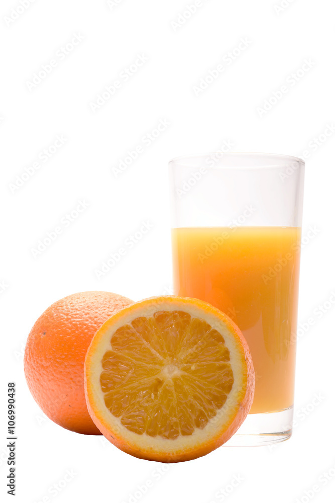 Fresh sliced orange with glass of orange juice taken against white background Fresh sliced orange with glass of orange juice taken against white background