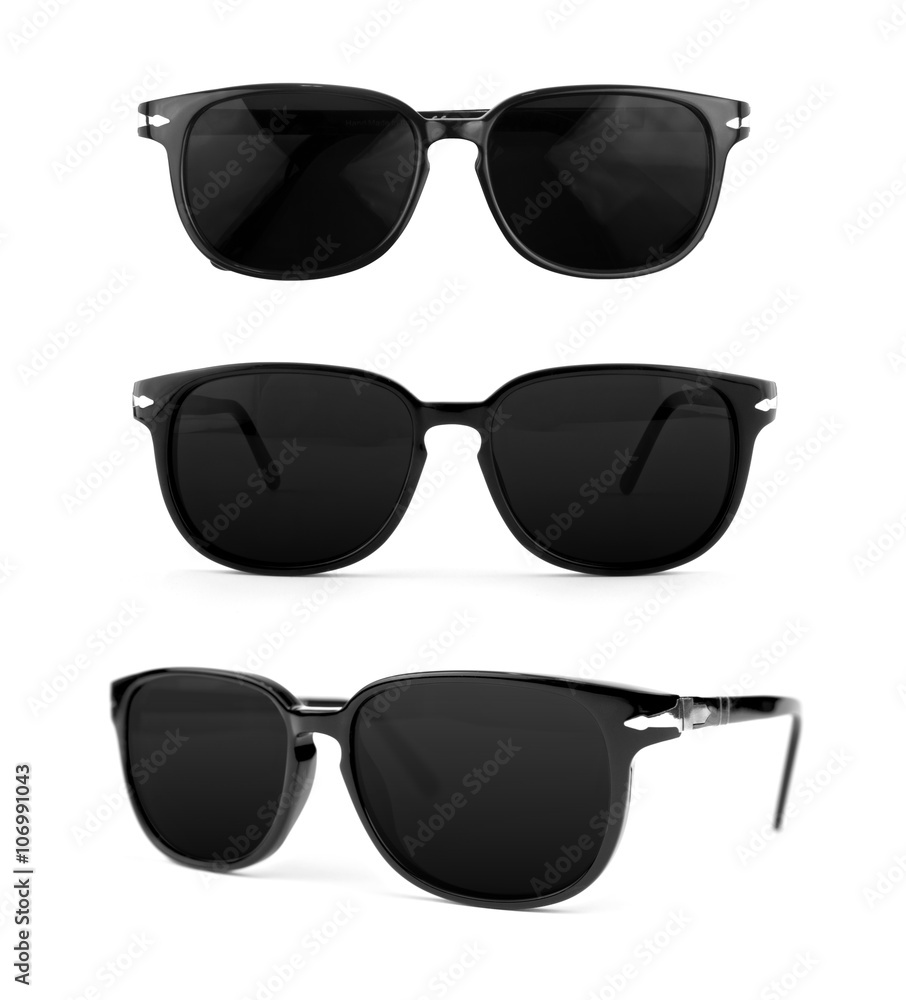 Sunglasses man set isolated on white background. In black plastic frame. Top view, front view and perspective view. Close up. Sunglasses man set isolated on white background. In black plastic frame. Top view, front view and perspective view. Close up.