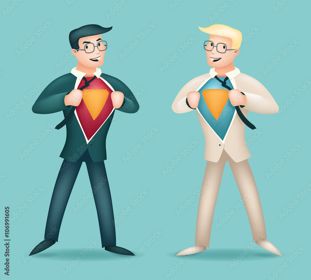 Superhero Suit under Shirt Happy Smiling Businessman Turns in Icon on Stylish Background Retro Cartoon Design Vector Illustration Superhero Suit under Shirt Happy Smiling Businessman Turns in Icon on Stylish Background Retro Cartoon Design Vector Illustration
