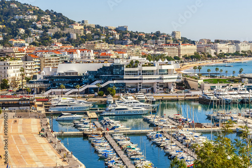 Fototapeta Naklejka Na Ścianę i Meble -  Panoramic view, Promenade de la Croisette, the Croisette and Port Le Vieux of Cannes, France Cote d'Azur