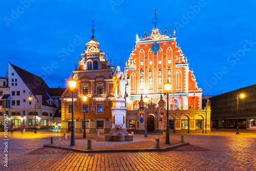 Evening scenery of the Old Town Hall Square in Riga, Latvia