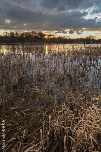 Sunset over Arcot Pond. Cramlington  Northumberland  England  UK.