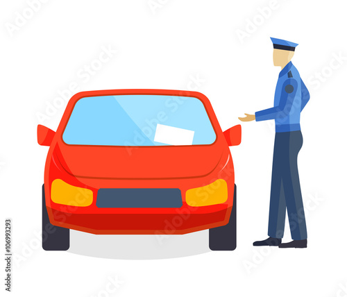 Photo Policeman writing speeding ticket driver parking attendant traffic warden car concept vector