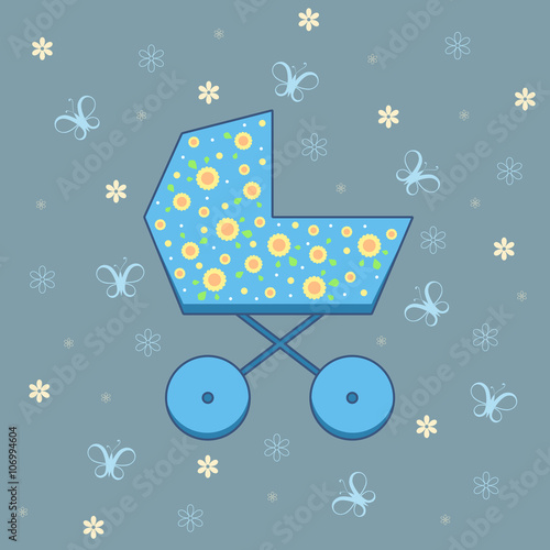 Vector illustration of blue pram on background with butterflies and flowers