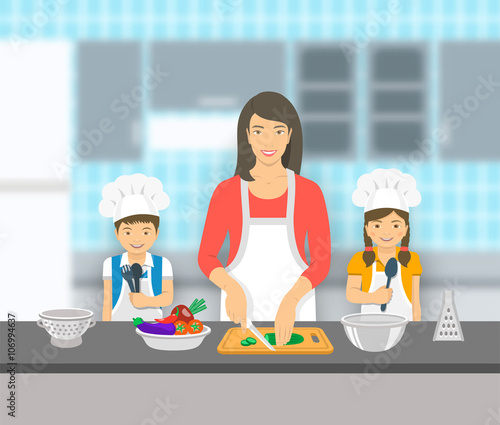 Mother and kids cooking together at a kitchen. Mom cuts vegetables for salad, happy little son and daughter help her. Asian family domestic pastime background. Vector flat illustration