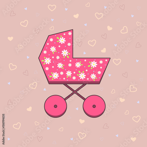 Vector illustration of pink pram on pink background with hearts