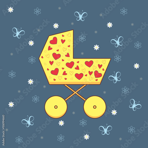 Vector illustration of  yellow pram on background with butterflies and flowers
