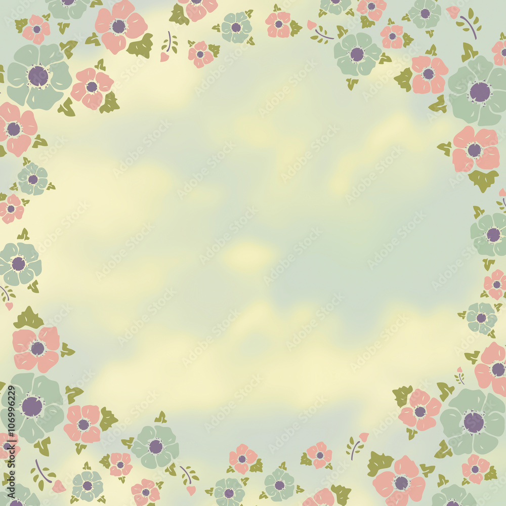 Fototapeta premium Flowers and clouds, creamy-blue vintage background