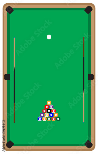 Pool table with balls and cue