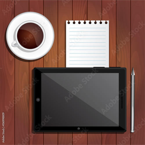 Tablet computer, coffee, paper