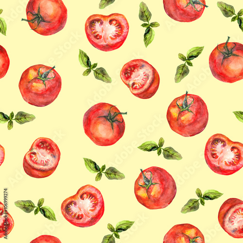 Seamless kitchen background with tomato vegetables and green basil 