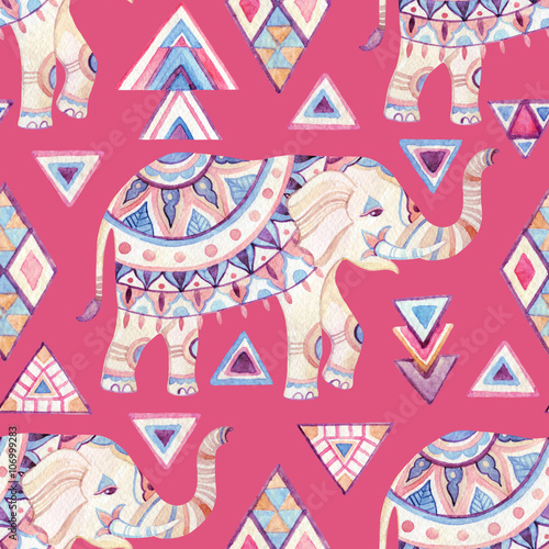 Indian ornate elephant watercolor with tribal elements seamless pattern