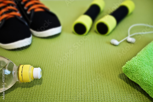 Sports concept. Accessories for fitness classes. Focus on the f
