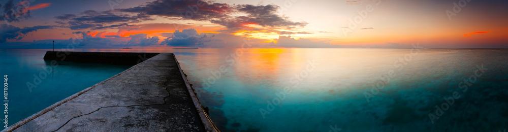 fantastic panorama dramatic dawn landscape sea beach tropical island Maldives