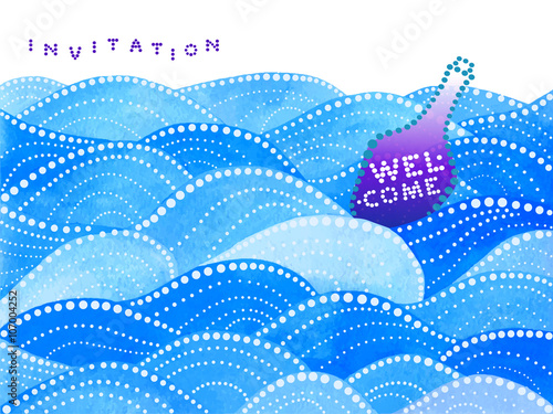 Invitation card with sea waves and purple bottle - vector illustration