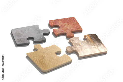 Four connected puzzle pieces of different material