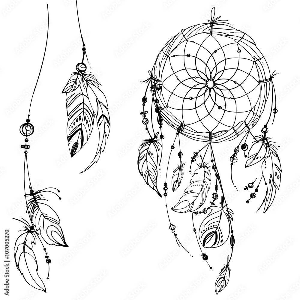 Dreamcatcher Set Of Ornaments Feathers And Beads Native American Indian Dream Catcher Traditional Symbol Feathers And Beads On White Background Vector Decorative Elements Hippie Stock イラスト Adobe Stock