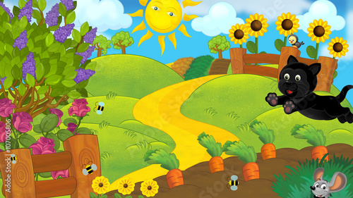 Cartoon happy farm scene with black cat and mouse playing - illustration for children