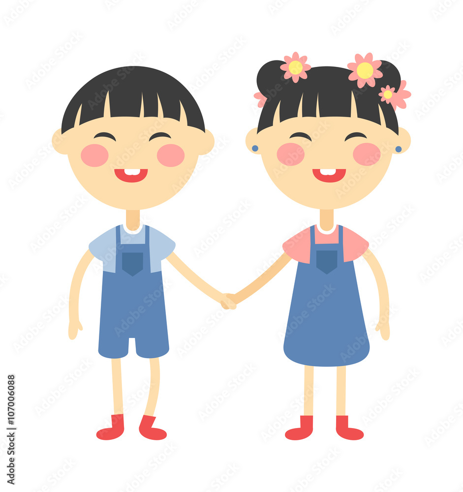 Twins happy kids holding hands boy and girl vector illustration. Twins happy kids holding hands boy and girl vector illustration.