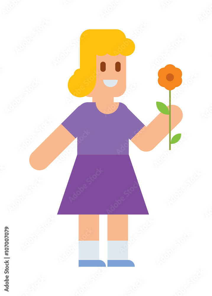 Little blonde cute girl in dress with colorful flower cartoon character vector. Little blonde cute girl in dress with colorful flower cartoon character vector.