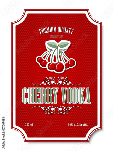 Premium quality cherry vodka distillate label on white background