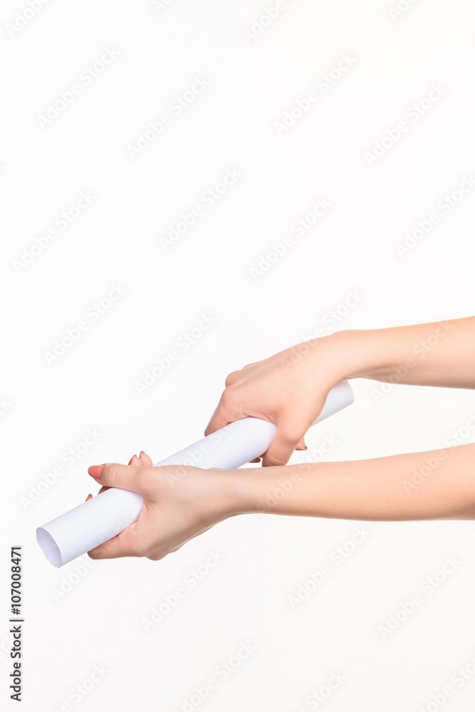 The cylinder female hands on white background The cylinder female hands on white background