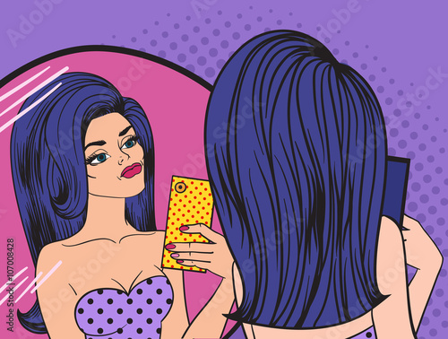 Pretty hipster girl taking selfie and making duck face pop art vector. 