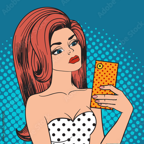 Pretty hipster girl taking selfie and making duck face pop art vector. 
