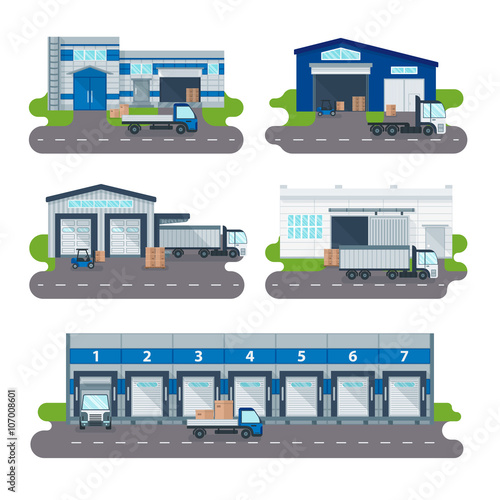 Logistics collection warehouse delivery center, loading trucks, forklifts workers vector.
