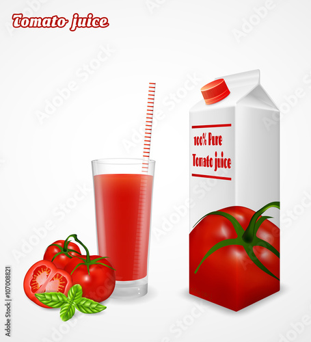 Glass of fresh tomato juice  and paper pack isolated on white ba