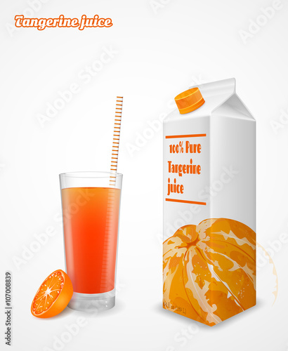Glass of fresh orange tangerine and paper pack isolated on white