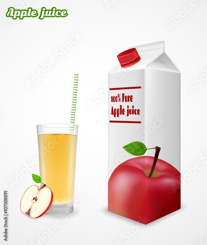 Half cut apple and glass of fresh apple juice on white backgroun