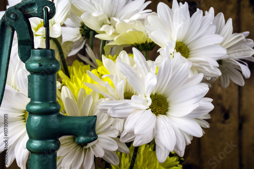 green hand water pump next to spring bouquet of flowers