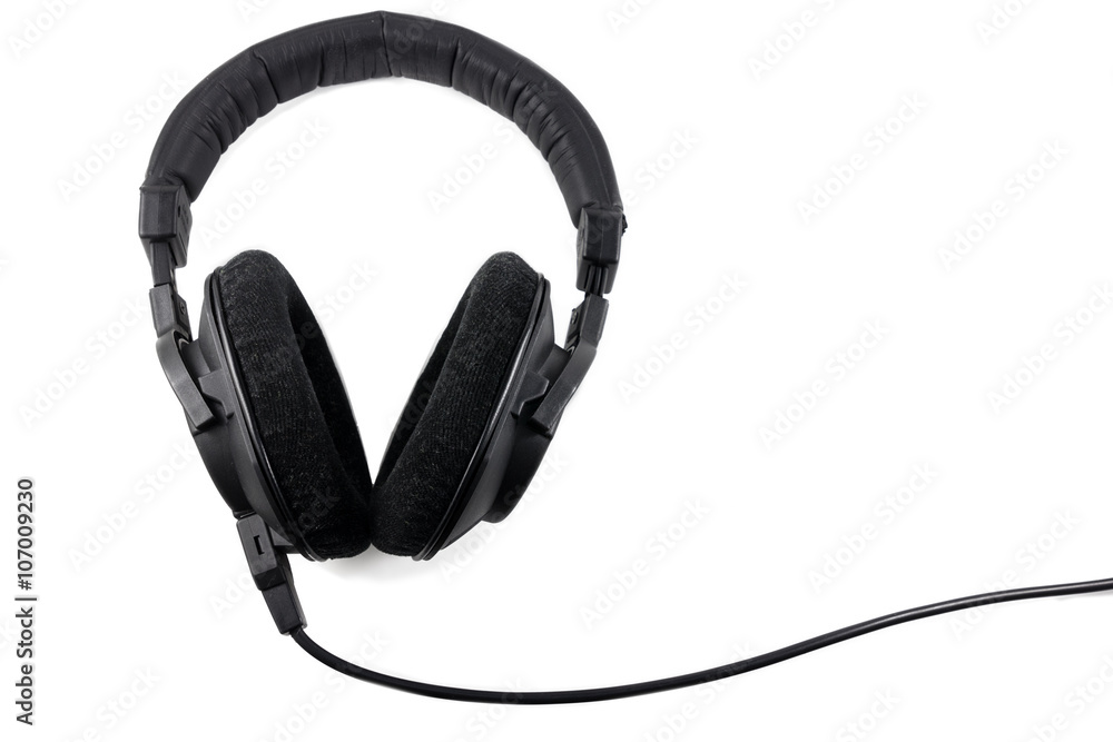 Black professional headphones isolated on white background Black professional headphones isolated on white background
