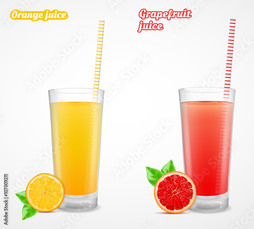 Grapefrui and orange juice in a glass. Vector illustration.