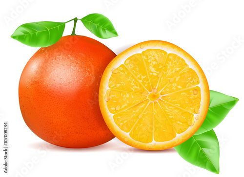 Orange with leaf isolated on white background. 