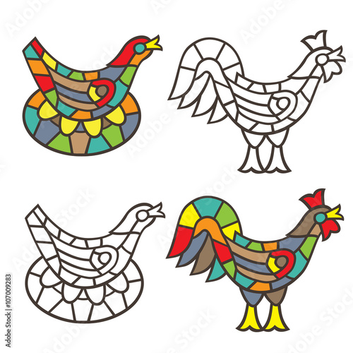 Bright chicken and eggs in a nest, cockerel in the style of stained glass. Coloring book. Vector illustration.