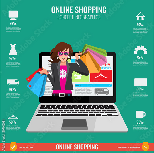 Online shopping concept infographics in vector. Woman from laptop 