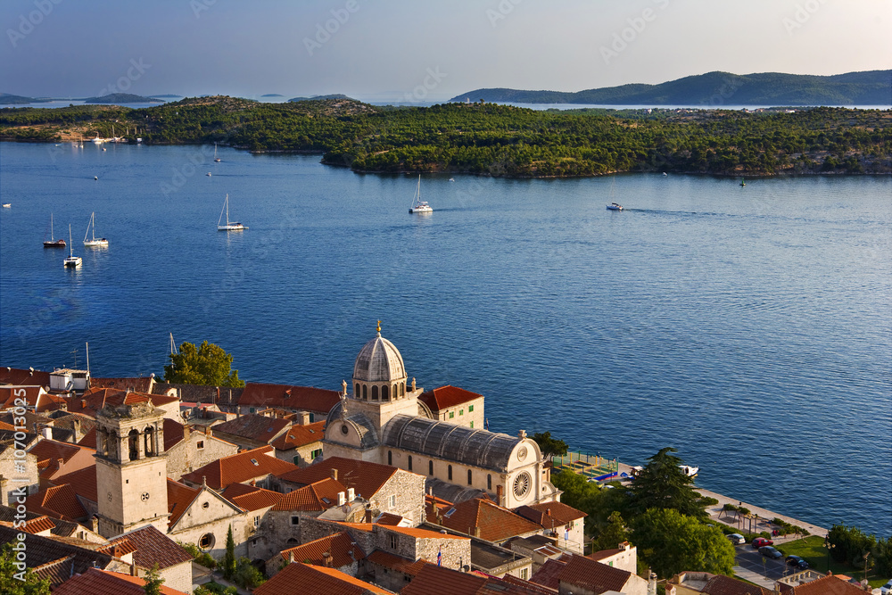 Croatia. Middle Dalmatia. Sibenik. Aerial view of the old city and cathedral - (The Cathedral of St James in Sibenik is on UNESCO World Heritage List since 2000)