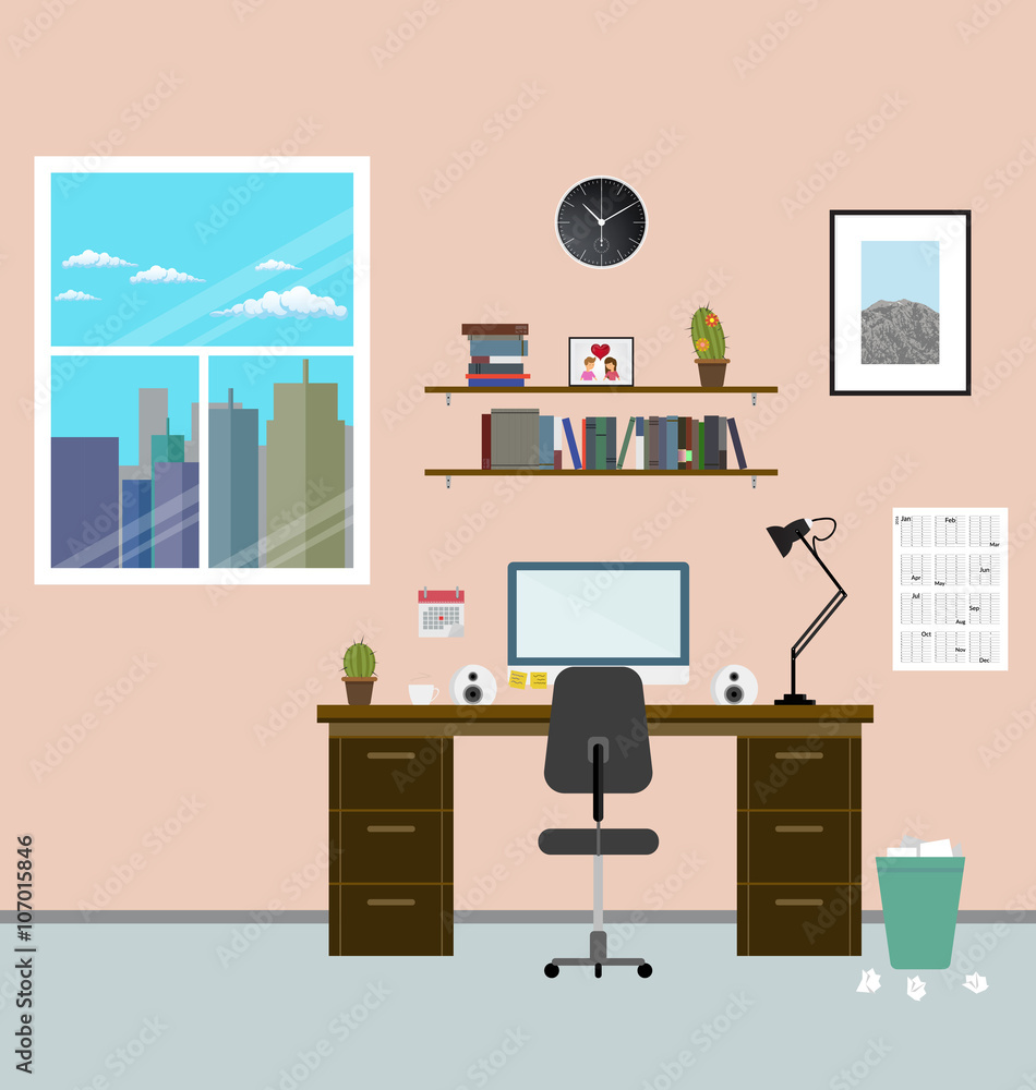 Cozy modern workplace near the window in room. Flat style. Creative office workplace Cozy modern workplace near the window in room. Flat style. Creative office workplace