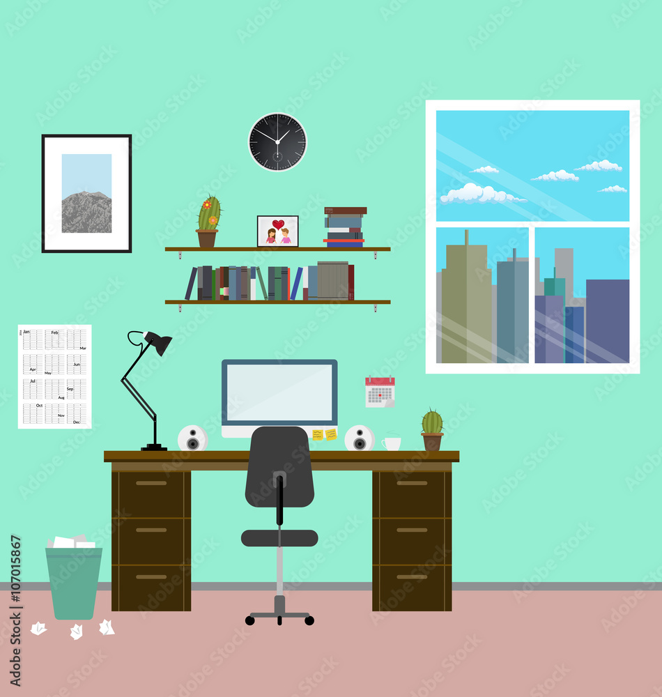 Cozy modern workplace near the window in room. Flat style. Creative office workplace Cozy modern workplace near the window in room. Flat style. Creative office workplace