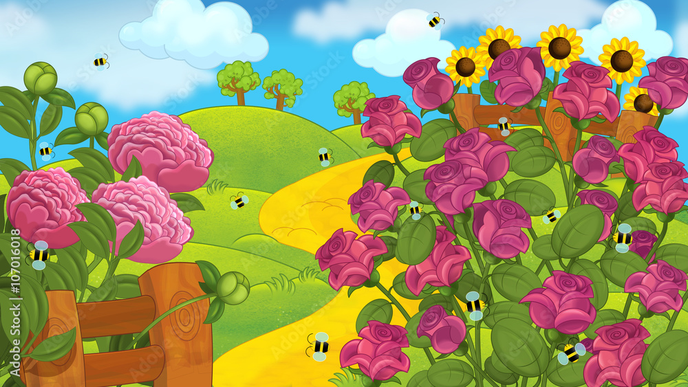 Cartoon garden scene with roses - illustration for children Stock  Illustration | Adobe Stock
