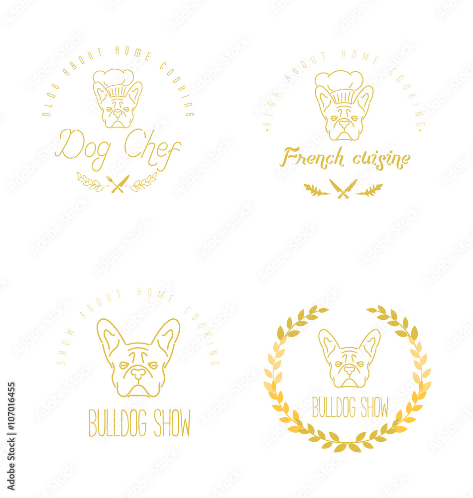 Set of logos with french bulldog and twigs. Nanoline style. Set of logos with french bulldog and twigs. Nanoline style.