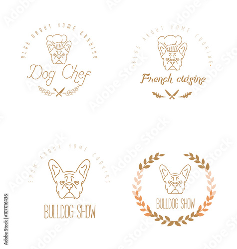 Set of logos with french bulldog and twigs. Nanoline style.