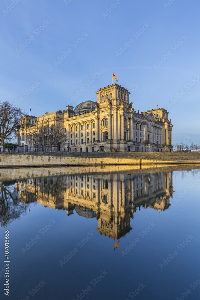 Reichstag with reflection in river Spree